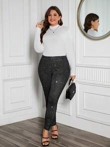 SHEIN Clasi Talla grande Leggings con lentejuelas - Negro - Ver 3