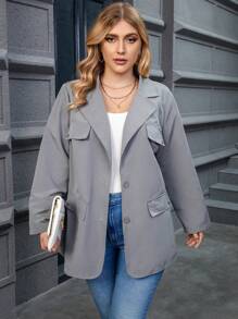 Calvaya Plus Lapel Neck Flap Detail Blazer - Grey - View 4