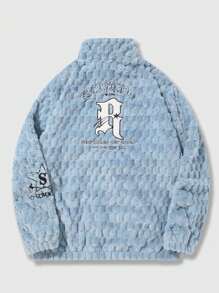 ROMWE MEN Street Life Men Letter Embroidery Zip Up Teddy Jacket, For Fall Winter - Blue - View 2