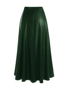 Women's Casual Solid Color Elastic Waist Flare Skirt, High Waist A-Line Skirt, Commute & Daily Wear Skirt, Minimalist Slimming Skirt, Faux Leather Skirt - View 2