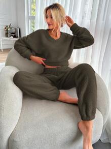 SHEIN Cottnline Drop Shoulder Teddy Sweatshirt & Sweatpants - Khaki - View 3