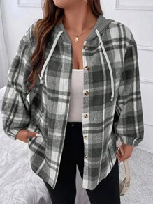 Flirla 1 Miếng Hơn Kẻ sọc Thả vai Dây rút áo có mũ Áo khoác - Đen và trắng - Xem 1