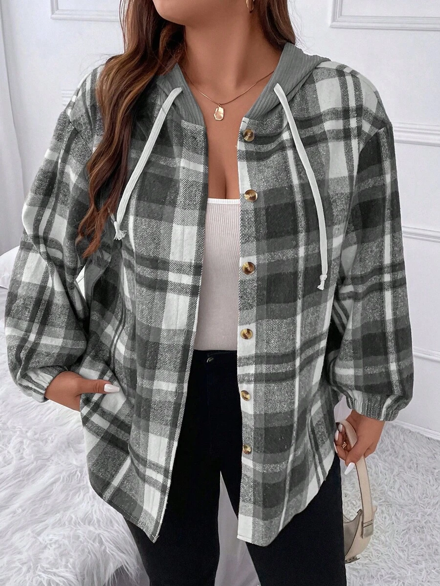 Flirla 1 Miếng Hơn Kẻ sọc Thả vai Dây rút áo có mũ Áo khoác - Đen và trắng - Xem 1