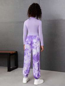 SHEIN Cô gái Tween Đồ họa Chữ cái Cổ giả Áo thun & Nhuộm buộc Quần thể thao - Màu tím - Xem 2
