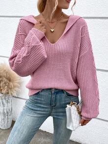 SHEIN LUNE Xoắn Dan Thả vai áo có mũ Áo len - Hồng - Xem 4