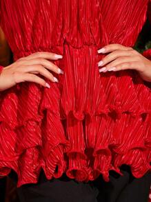 SHEIN SXY 燈籠袖層疊下擺褶皺襯衫 - 紅色 - 查看 4