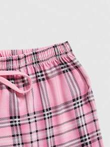 ROMWE Kawaii Plaid Notched Neck PJ Set, School - Pink - View 4