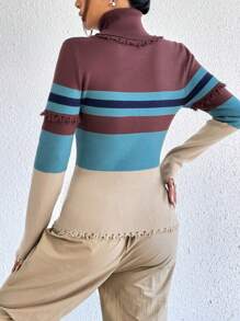 SHEIN EZwear Mẫu sọc Áo cao cổ Đau khổ Cắt tỉa Áo len - Cà phê nâu - Xem 2