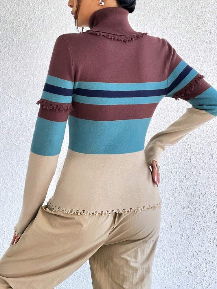 Striped Pattern Turtleneck Distressed Trim Sweater