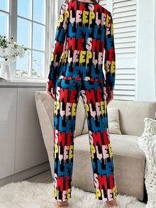 Conjunto de pijama pantalones con camiseta con estampado de letra - Multicolor - Ver 2