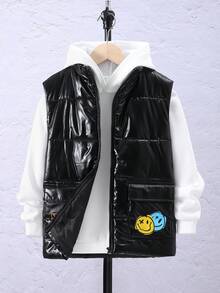SHEIN Tween Boy 字母图案翻盖口袋背心夹棉外套 - 黑色 - 查看 2