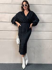 SHEIN Privé Surplice Neck Lantern Sleeve Sequin Bodycon Dress - Black - View 5