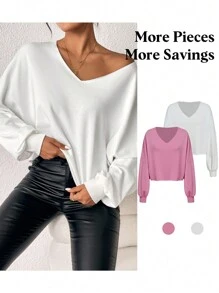 SHEIN Essnce 2pcs Solid V Neck Drop Shoulder Tee - Multicolor - View 1