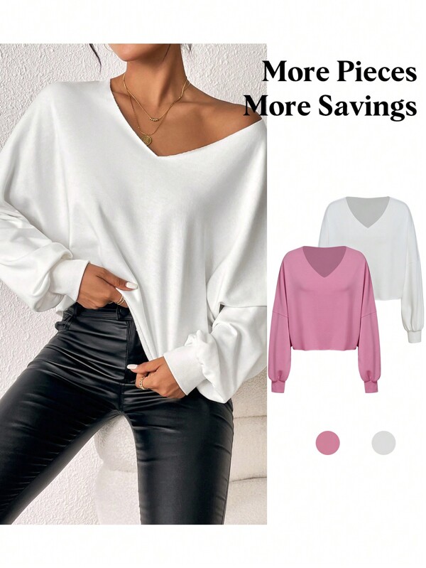 SHEIN Essnce 2pcs Solid V Neck Drop Shoulder Tee