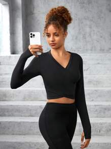 SHEIN Camisa Esportiva De Malha De Cor Sólida Cruzada Com Decote Em V Para Adolescente Do Sexo Feminino