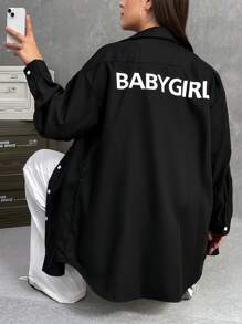 SHEIN EZwear Plus Letter Graphic Drop Shoulder Shirt - Black - View 1