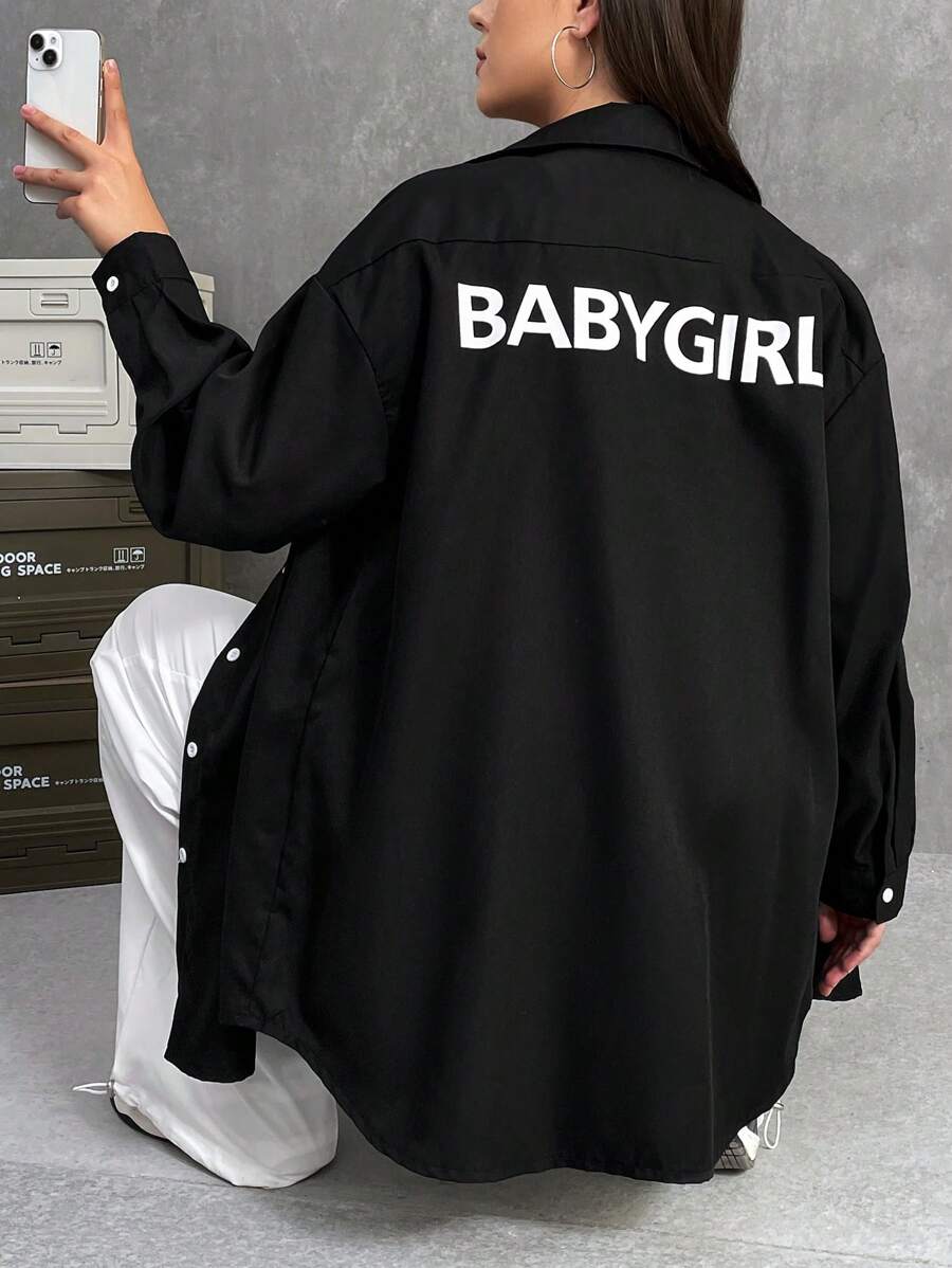 SHEIN EZwear Plus Letter Graphic Drop Shoulder Shirt - Black - View 1