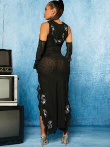 SHEIN SXY Graphic Print Split Thigh Mesh Dress With Arm Sleeves - Black - View 2
