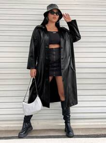 SHEIN Coolane Kích thước lớn Da giả Áo khoác Trench Với Thắt lưng Eo - màu đen - Xem 5