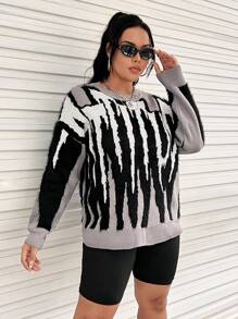 SHEIN EZwear Plus Allover Pattern Drop Shoulder Sweater - Grey - View 3