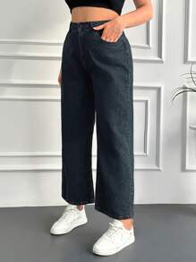 SHEIN Cottnline Plus Size Women's Solid Color Straight Leg Jeans - Dark Grey - View 5