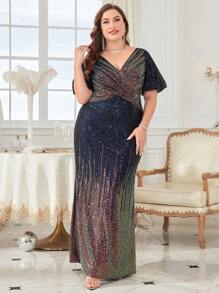 Plus Surplice Neck Sequin Formal Dress Elegant Prom Evening Wedding Guest Gown, For Graduation, Dinner - 藏蓝色 - 查看 6