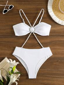 SHEIN Swim Women's Rhinestone Decorated Circular Design Hollow Out One-Piece Swimsuit, For Summer Beach Vacation - White - View 3