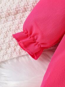 Baby Girl Contrast Eyelet Embroidery Ruffle Trim Flounce Sleeve Jumpsuit & Headband - Hot Pink - View 8