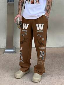 Manfinity Roghcode Quần nỉ nam dáng rộng có họa tiết chữ Slogan và dây rút ở eo, quần nỉ mặc đi chơi dạo phố cỡ lớn, quà tặng cho chồng, bạn trai - màu nâu - Xem 4
