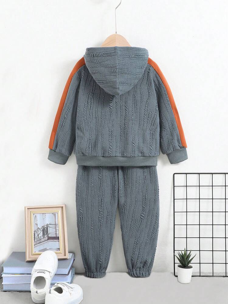 Young Boy Letter Patched Contrast Side Seam Hoodie & Sweatpants
