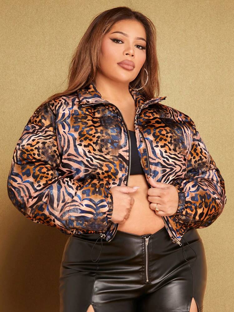 Plus Mixed Print Crop Padded Coat