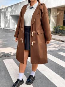 Flirla Plus Flap Pocket Drop Shoulder Duffle Overcoat - Brown - View 3