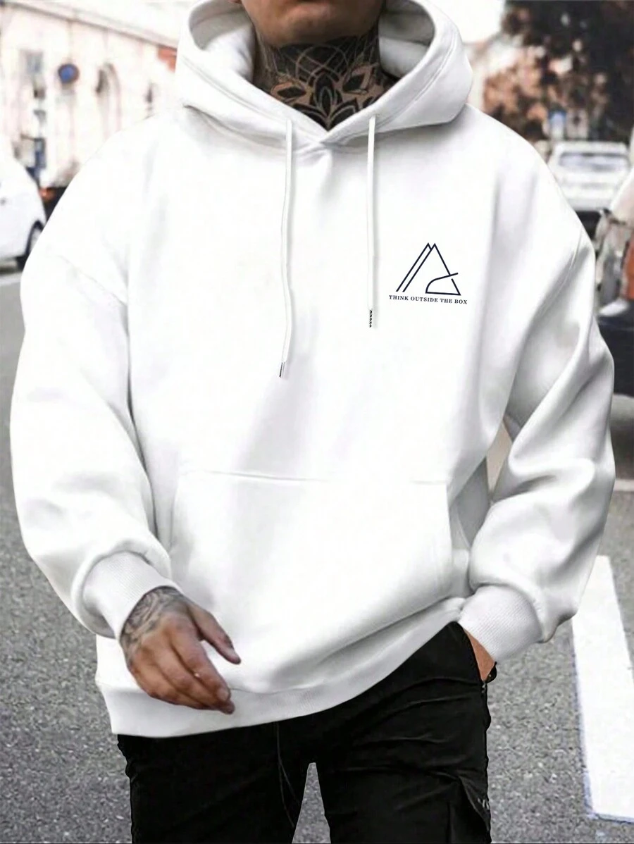 Men Letter Graphic Kangaroo Pocket Drawstring Hoodie - White - View 1