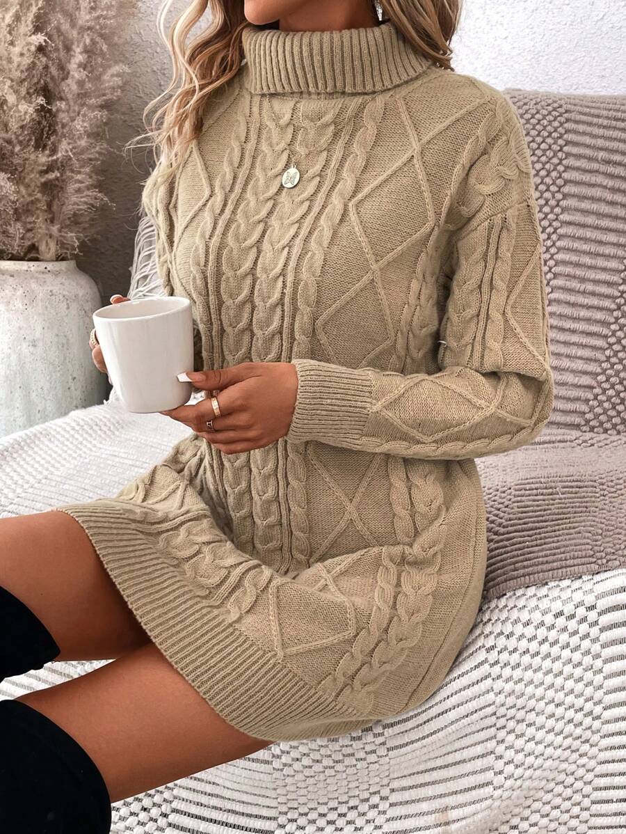 SHEIN LUNE 高領麻花編織落肩袖毛衣洋裝 - 卡其色 - 查看 1