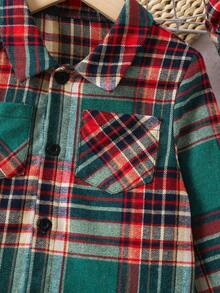 SHEIN 女小童格紋印花雙口袋襯衫附帽子