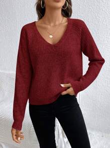 SHEIN LUNE Solid Raglan Sleeve Ribbed Knit Sweater,Long Sleeve Tops Knit Pullover Fall Winter Outfit
