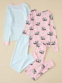 2入組中小童女孩熊貓印花緊身睡衣 - 粉色 - 查看 2
