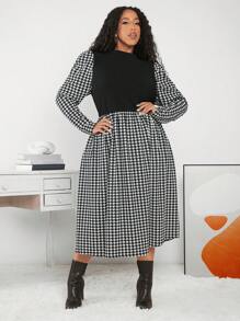 SHEIN CURVE+ 女士加大碼犬牙紋花紋連衣裙 - 黑與白 - 查看 1