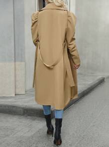 SHEIN LUNE 羊腿袖雙排釦腰帶風衣外套 - 卡其色 - 查看 2