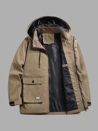 Men Plus Letter Patched Detail Flap Pocket Drawstring Hooded Jacket