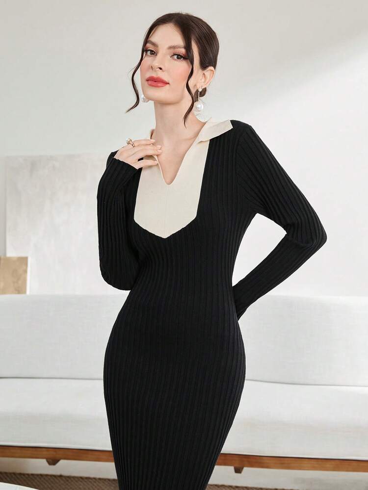 V-collar Ribbed Knit Sweater Dress