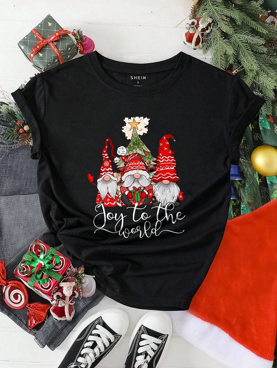 SHEIN EZwear Camiseta con estampado de Navidad - Negro - Ver 1
