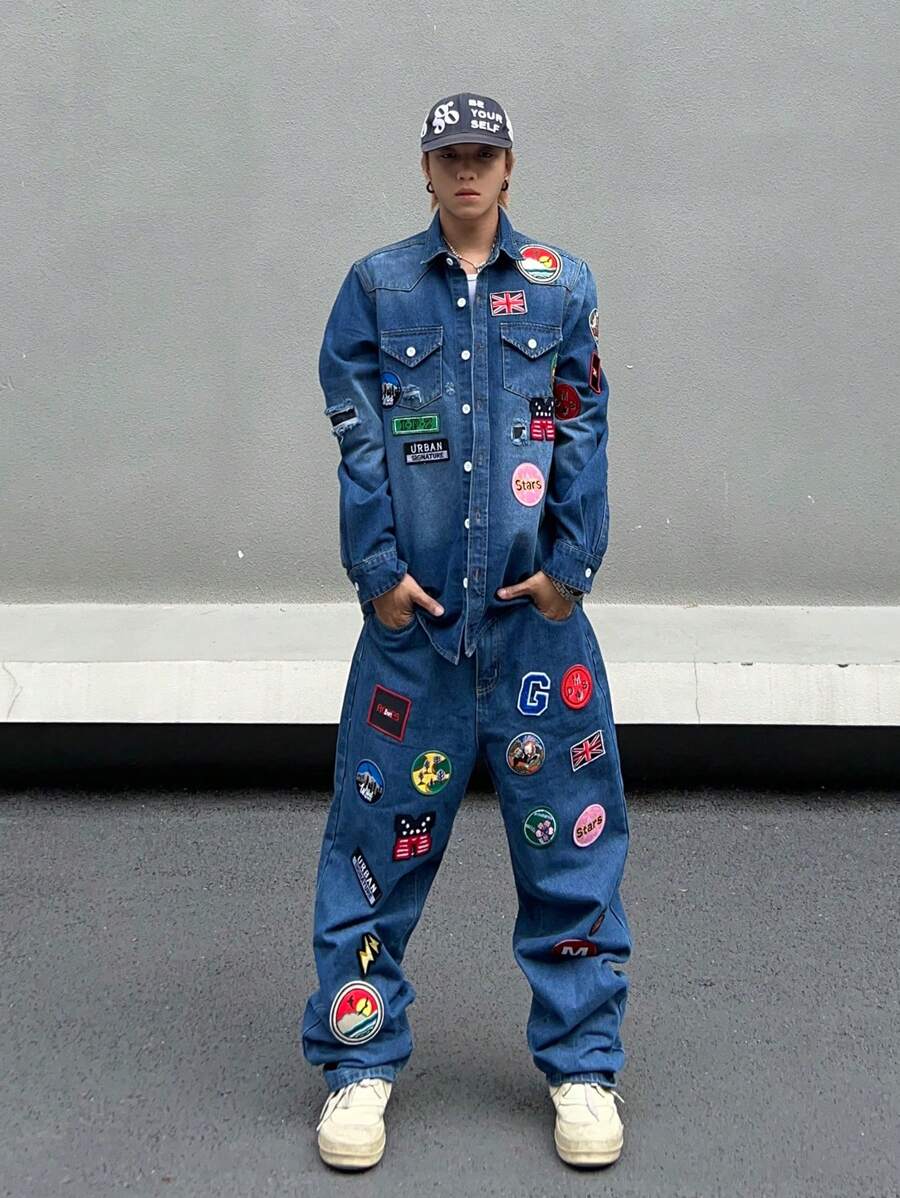 Manfinity Roghcode Men Letter Patched Detail Flap Pocket Denim Shirt - Blue - View 1