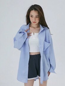 Camisa de manga larga de unicolor y estilo holgado, versátil jersey para primavera y otoño - Celeste - Ver 6