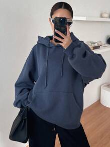 Dazy-Less Sudadera con capucha de manga larga, casual y de unicolor liso con bolsillo - Neblina azul - Ver 5