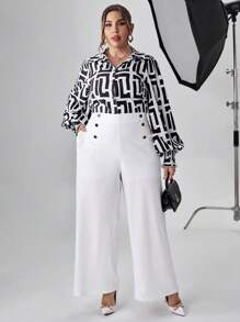 SHEIN Clasi 大碼幾何印花燈籠袖襯衫 - 黑色 - 查看 6