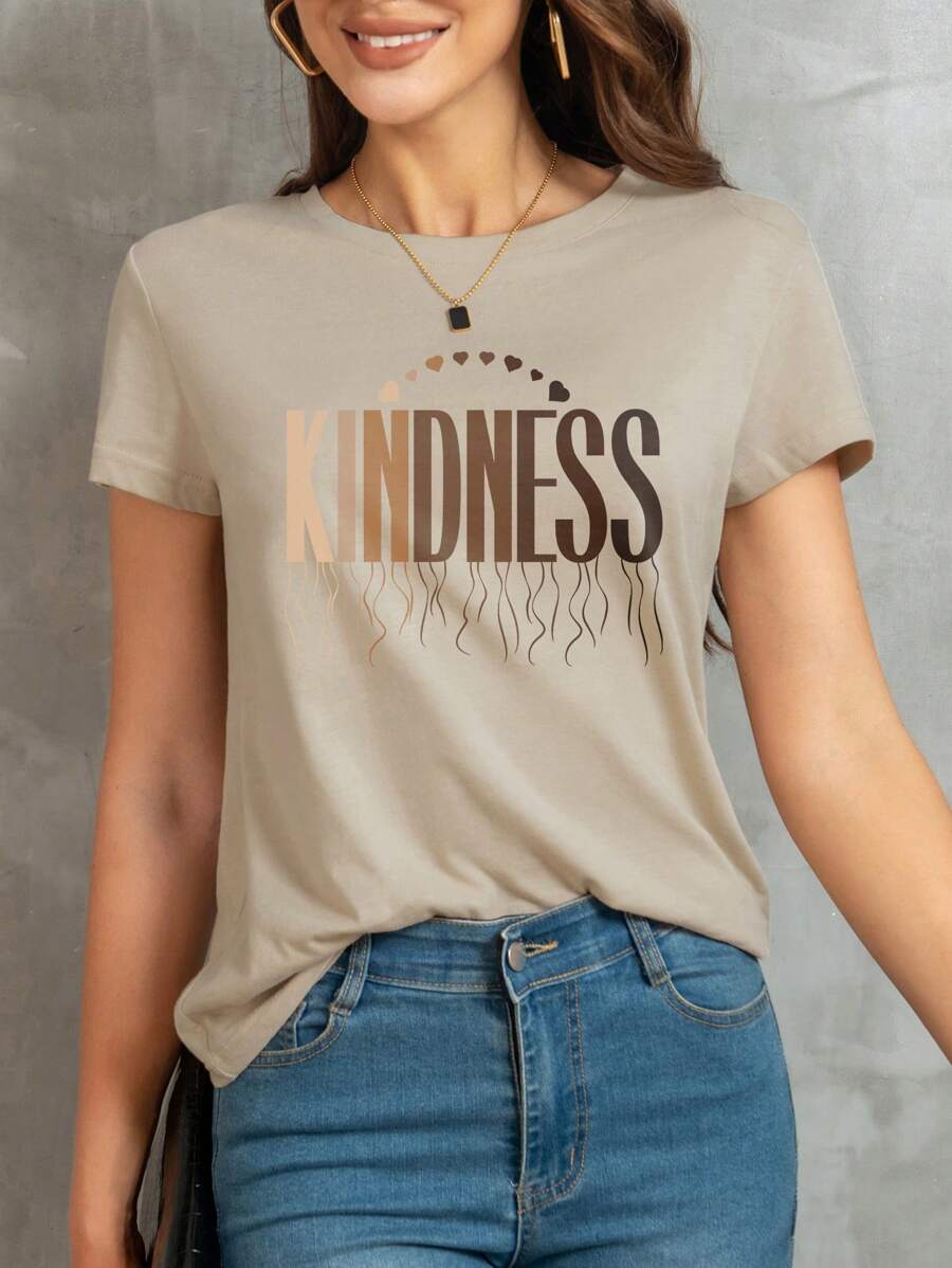 SHEIN Essnce 字母圖案T恤 - 卡其色 - 查看 1