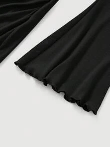 SHEIN MOD Draped Collar Bell Sleeve Ruched Asymmetrical Hem Long Black Bell Sleeves Halter Neck Dress - Black - View 4
