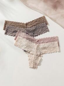 4 件纯色蕾丝无缝丁字裤，性感内衣 - 彩色 - 查看 4