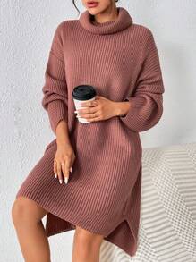 SHEIN Essnce Áo cao cổ Thả vai Viền chia cắt Đầm Áo len Không có thắt lưng - Cà phê nâu - Xem 1